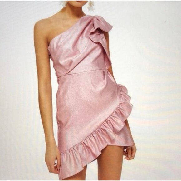 Topshop One Shoulder Glitter Textured Ruffled Mini Party Dress Pink Size 2 NWT - Picture 3 of 16